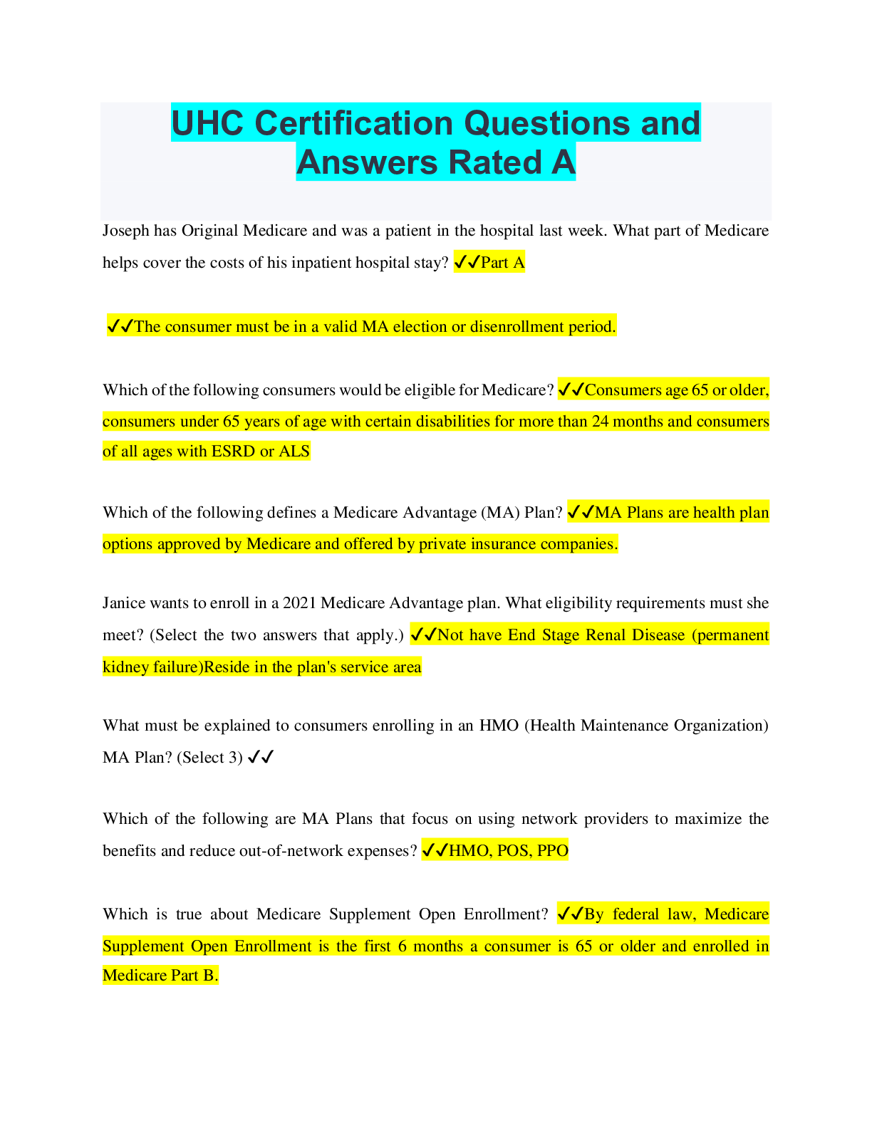 Preview image for UHC Certification Questions and Answers Rated A